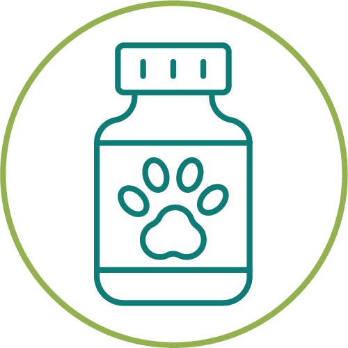 dark green drawing of a medication bottle with a paw on it inside of a light green circle